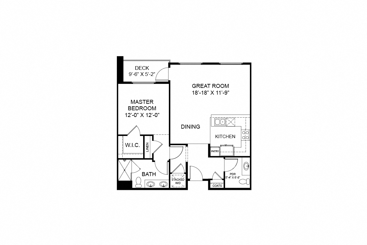 Floor plan for 1 bed, 1.5 baths, 837 sqft